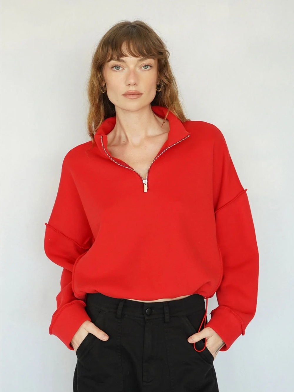 LNA fleece Red Half-Zip Cropped Sweatshirt